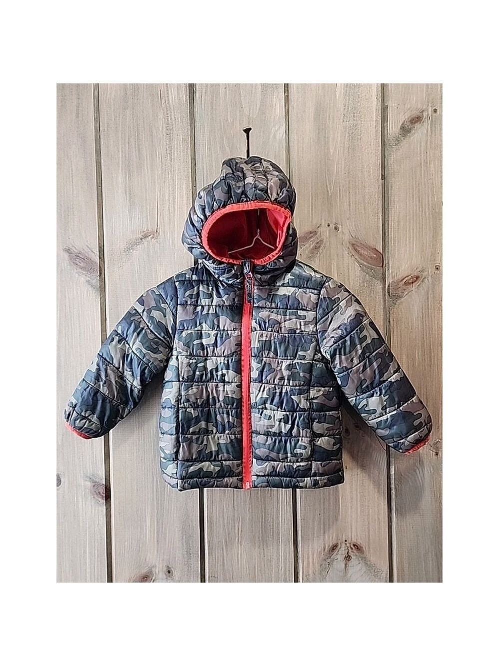 Boys Sequoia Puffer Full-Zip Hooded Jacket Sz 4 Camo/orange